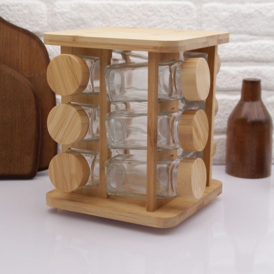 Wooden & Glass Spices Set 12 pieces with Wooden Stand